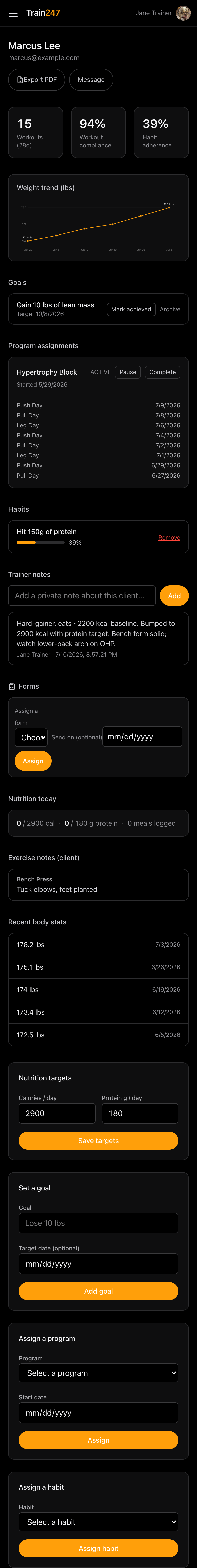 Client detail page with weight trend chart on iPhone 17 Pro