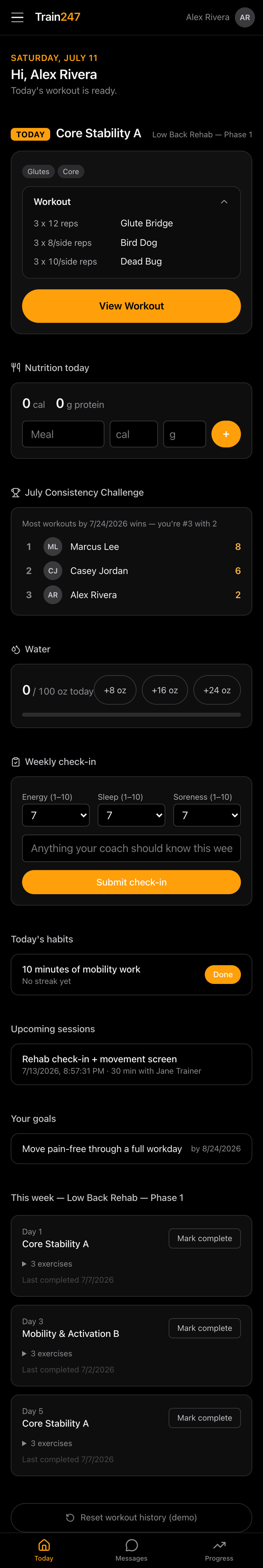 TRAIN247 client portal — today's workout on iPhone 17 Pro
